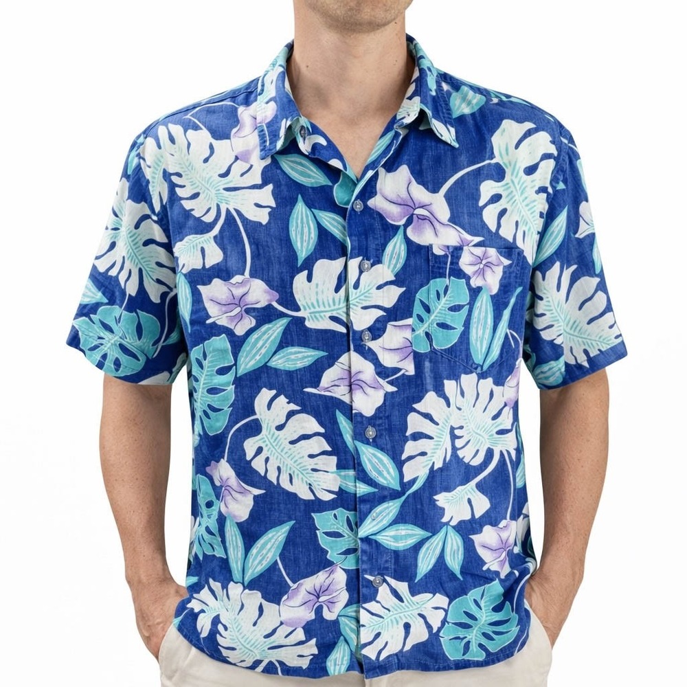 New Horizon Hawaiian Aloha Shirt 3XL Floral Tropical Flowers Blue Purple Green